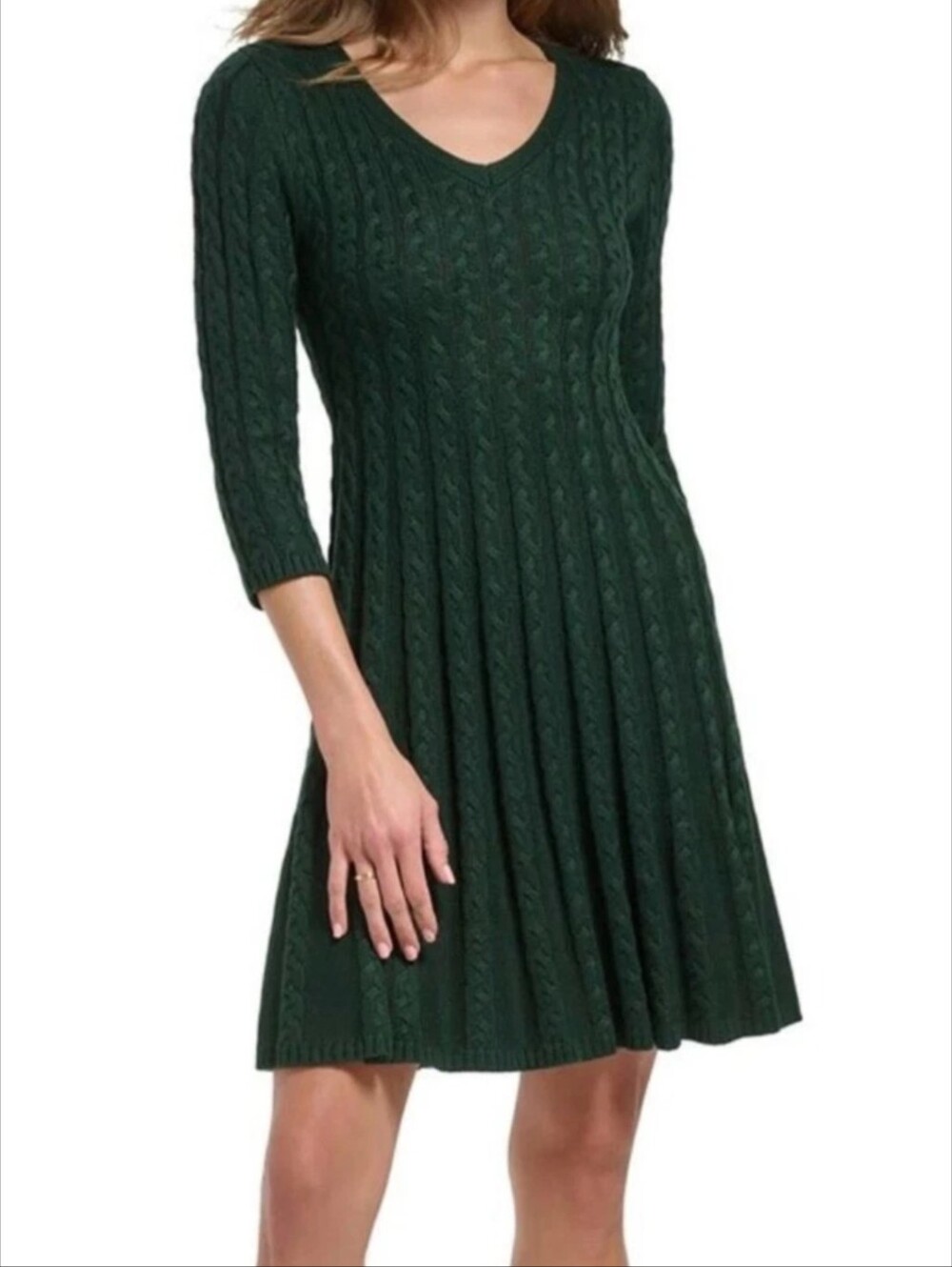 Beautiful JH Design Hunter Green Cable Knit Dress. Size M Petite